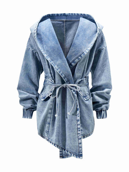 Belted Closure Elastic Band Cuff Denim Hooded Jackets, Elastic Belt Non Button Denim Coats, Women's Denim Jackets & Coats, Women's Clothing