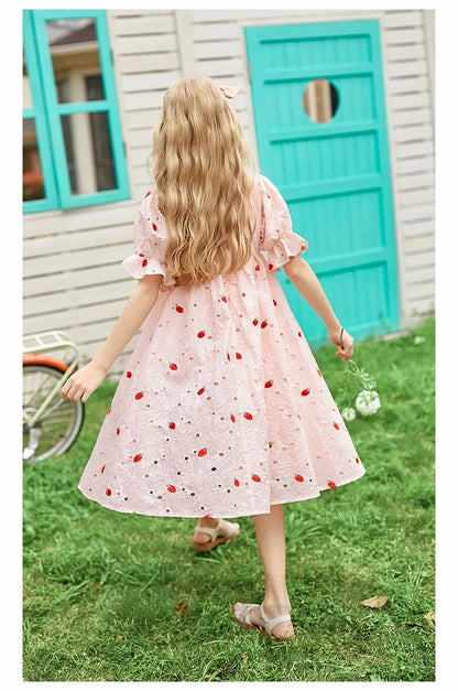 Big girls strawberry embroidery dresses old kids lace hollow falbala short sleeve dress summer teenagers pink princess clothes Z7001