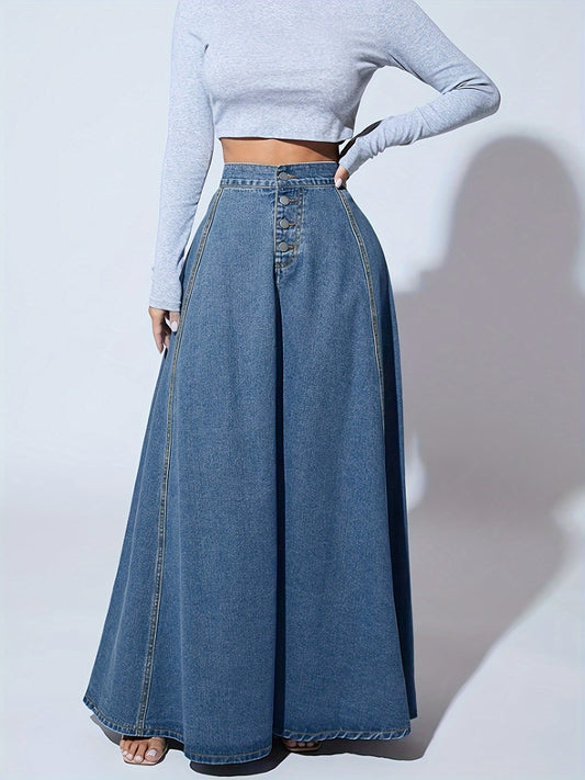 xieyinshe  Single-breasted Button Denim Midi Skirt, High Waist A-line Vintage Elegant Denim Skirts, Women's Denim Clothing