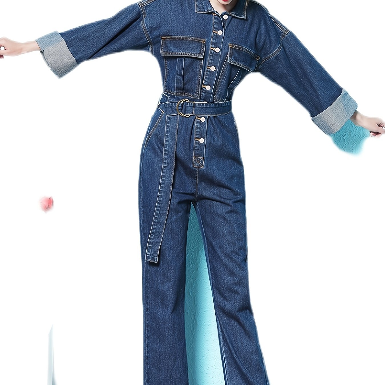 Blue Elastic Band Waist Denim Jumsuit, Long Sleeve Flap Pockets Loose Fit Closure Button Denim Overalls, Women's Denim & Clothing