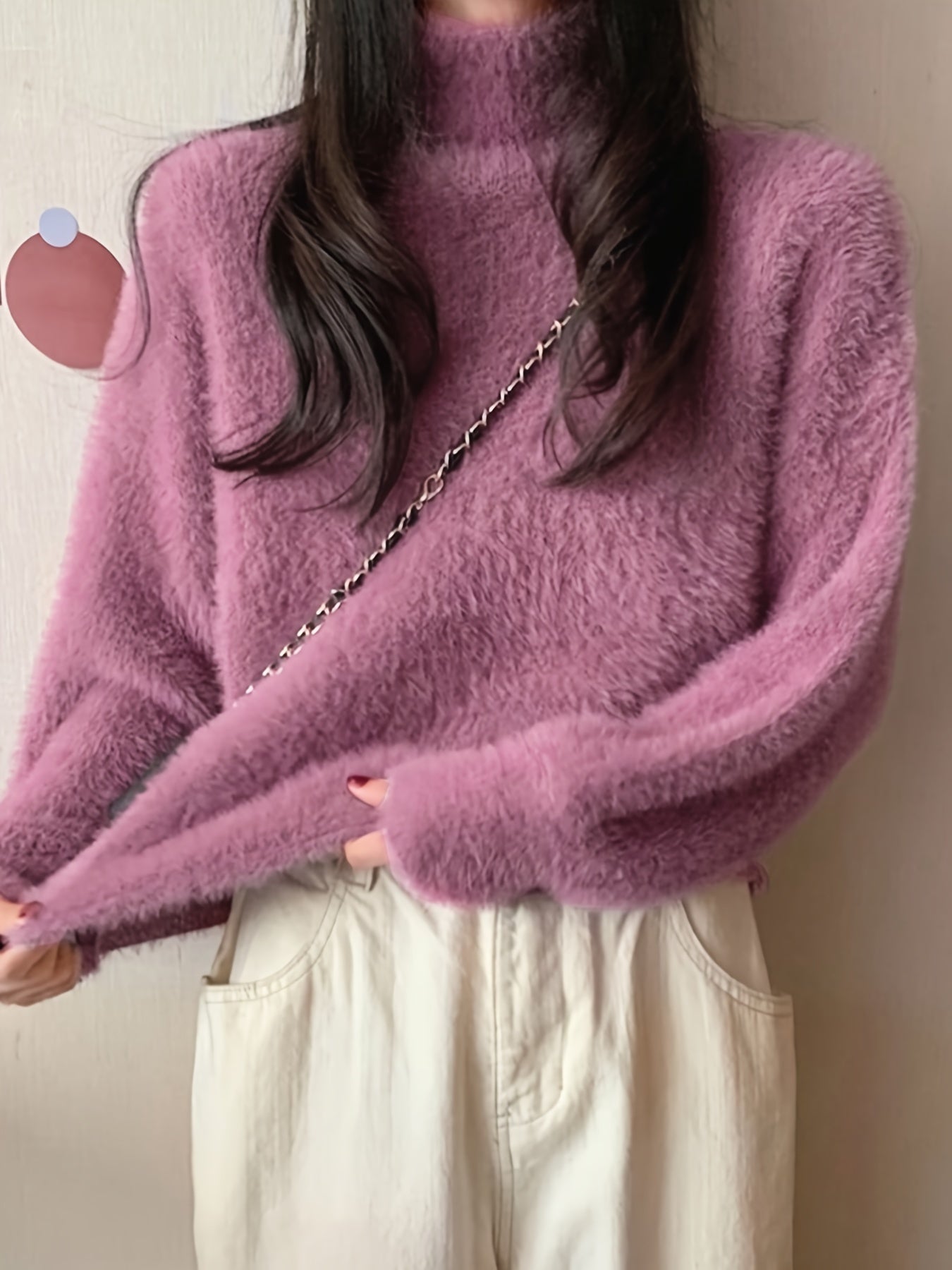 Solid Mock Neck Plush Pullover Sweater, Casual Ong Sleeve Cozy Sweater, Women's Clothing