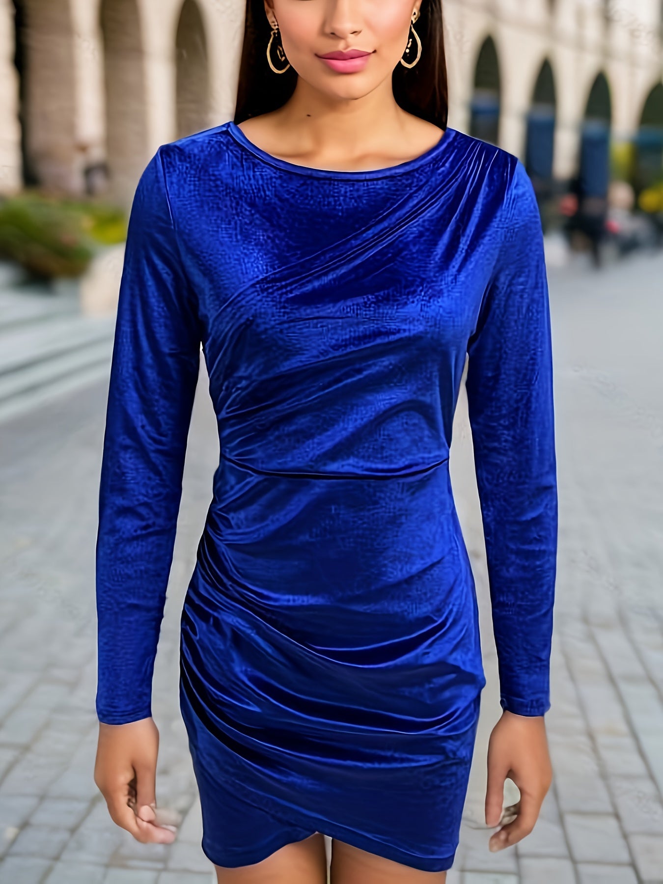 Solid Velvet Bodycon Dress, Elegant Long Sleeve Asymmetrical Hem Dress, Women's Clothing