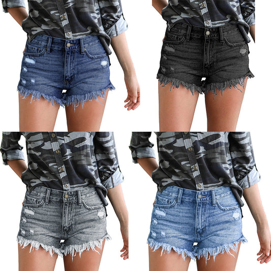 New  New Hot Trade Spring and Summer European and American Ripped Stretch Denim Women's Wear High Waist Shorts Wholesale