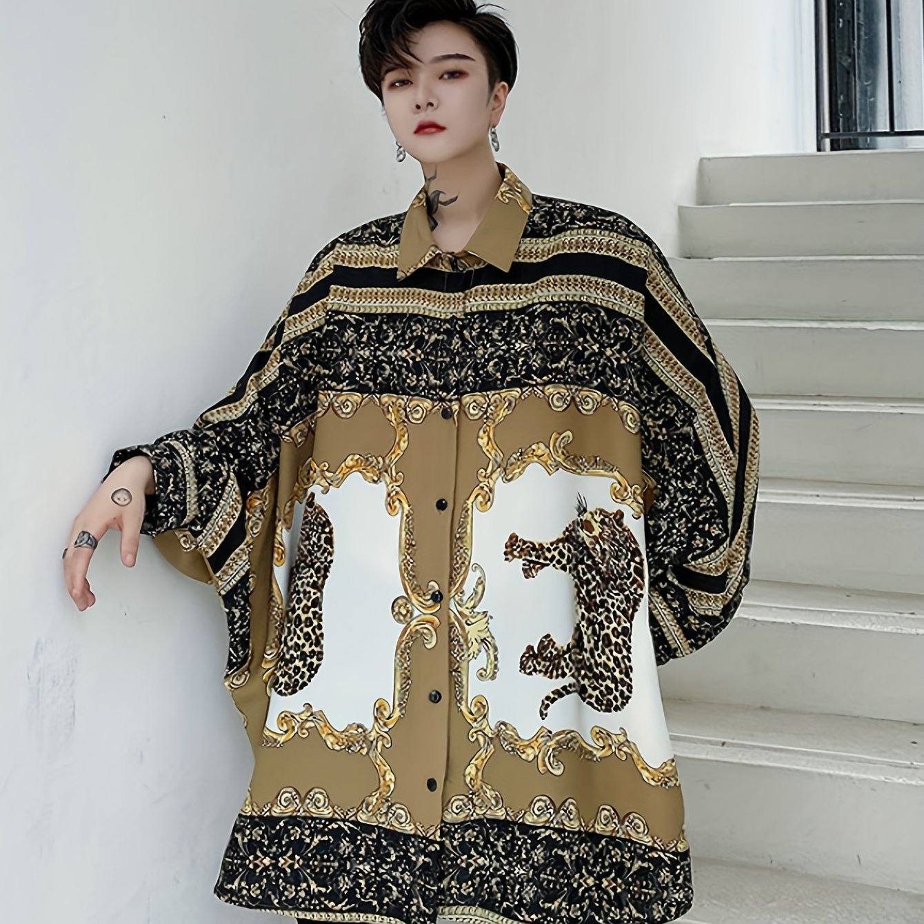 xieyinshe  Novelty Leopard Pattern Men's Cotton Blend Shirt Top Turn-Down Collar Long Sleeve Closure Male Casual Oversized Shirt For Men Daily Vacation Streetwear