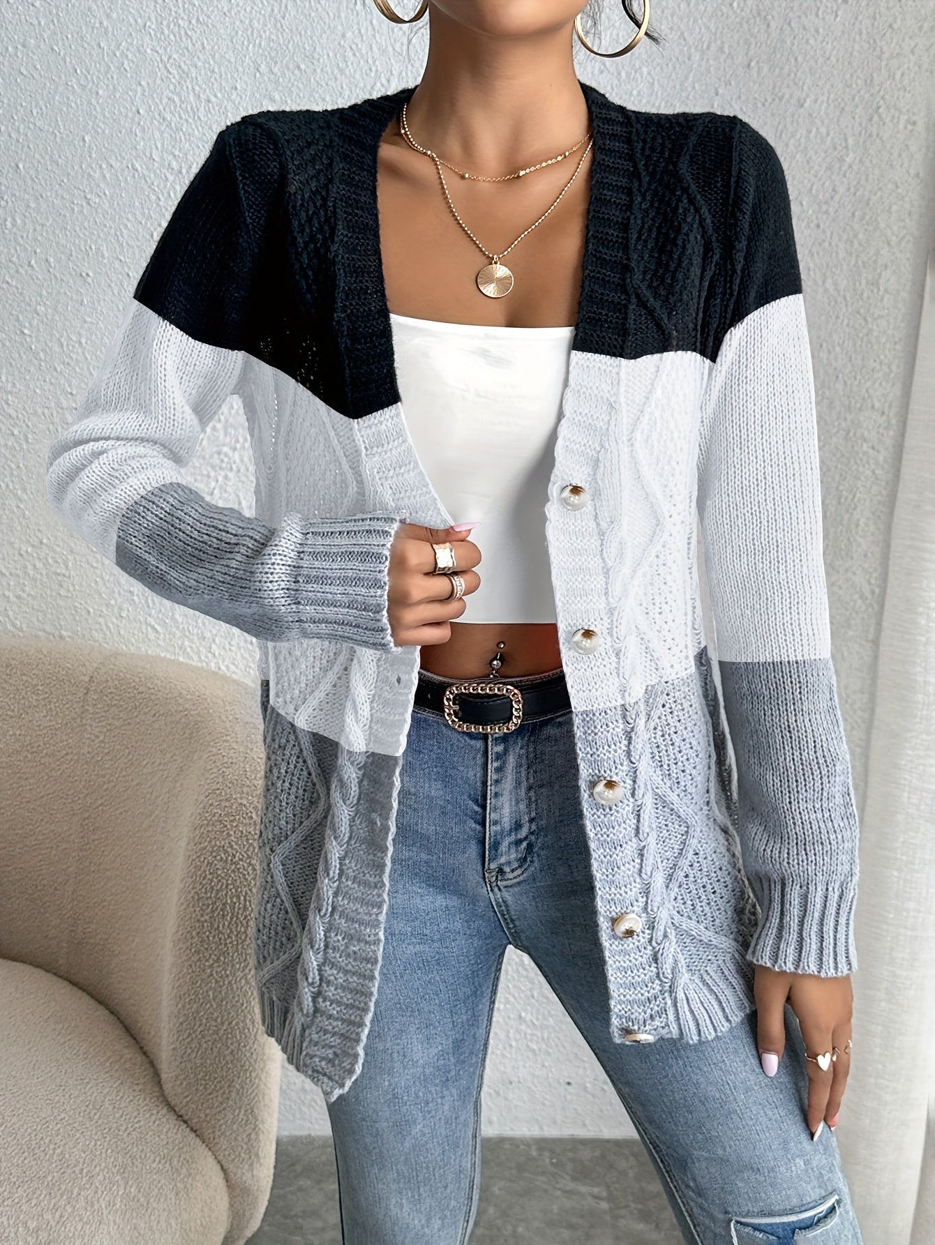 xieyinshe  Color Block Button Front Cardigan, Casual Long Sleeve Cardigan For Spring & Fall, Women's Clothing