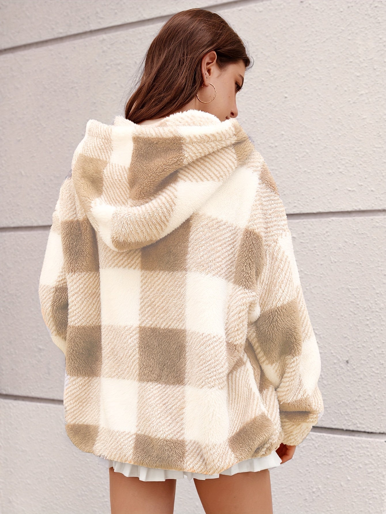 Plaid Print Teddy Hooded Coat, Casual Zip Up Long Sleeve Warm Outerwear, Women's Clothing