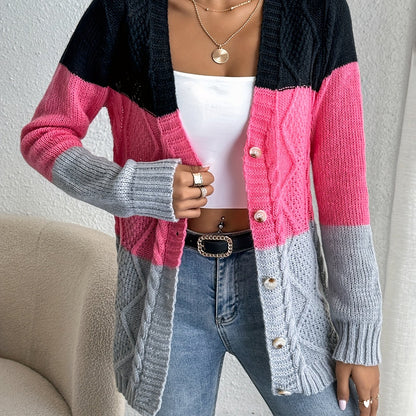 xieyinshe  Color Block Button Front Cardigan, Casual Long Sleeve Cardigan For Spring & Fall, Women's Clothing