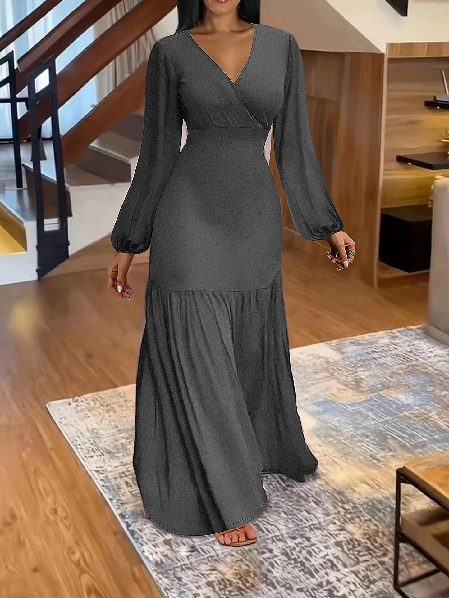 xieyinshe  Ruched Solid Dress, Elegant V Neck Lantern Long Sleeve Maxi Party Dress, Women's Clothing