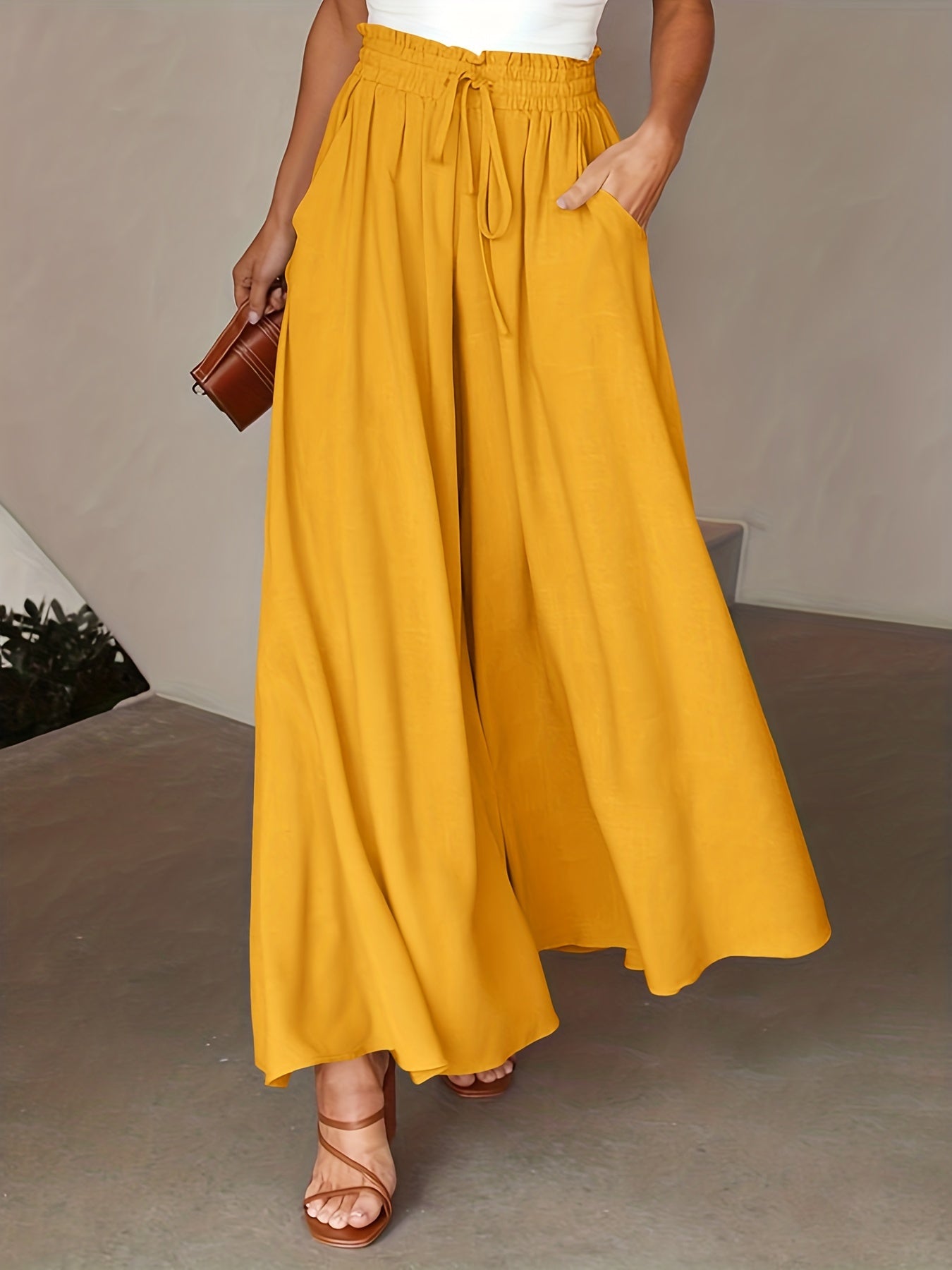 Solid Drawstring Culottes, Casual Wide Leg Summer Pants With Pockets, Women's Clothing