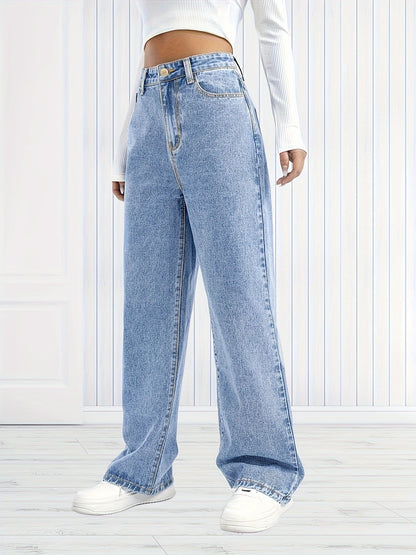 xieyinshe  Plain Washed Blue Wide Leg Jeans, Casual Slash Pocket Loose Fit Denim Pants, Women's Denim Jeans & Clothing