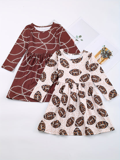 Girls Fashionable Patterned Long Sleeve Stretch Dress - Playful Twirl Design for Thanksgiving & Fall - Comfortable, Eye-Catching, Perfect Seasonal Gift