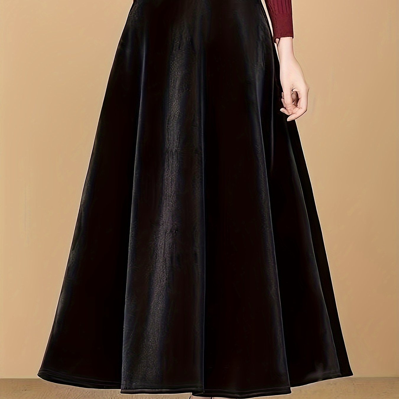 xieyinshe Plus Size Elegant Skirt, Women's Plus Solid Velvet Elastic High Rise Swing Maxi Skirt