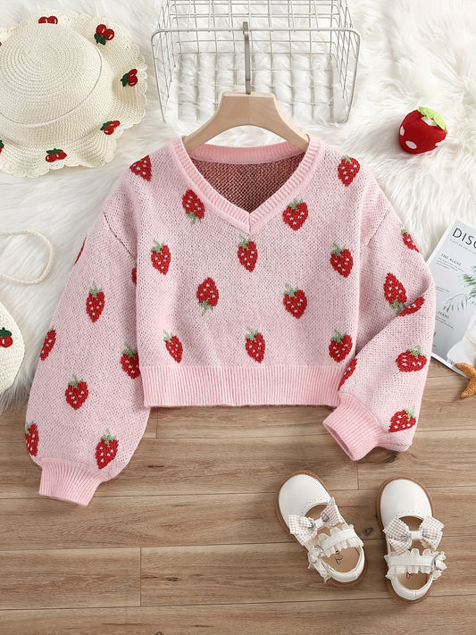 Cozy Strawberry Jacquard Knit Long Sleeve Sweater for Girls - Soft V-Neck Pullover Design, Cute and Stylish, Perfect for Casual Wear - Winter Fashion Essential