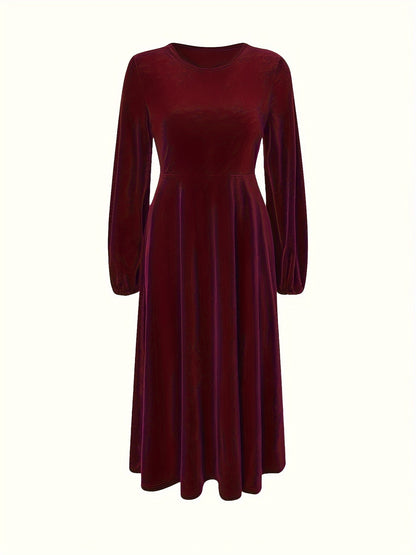 xieyinshe Plus Size Elegant Dress, Women's Plus Solid Velvet Lantern Sleeve Round Neck Dress