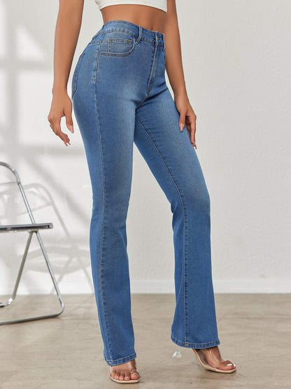 xieyinshe  Blue High Stretch Bootcut Jeans, Slant Pockets Washed Casual Denim Pants, Women's Denim Jeans & Clothing