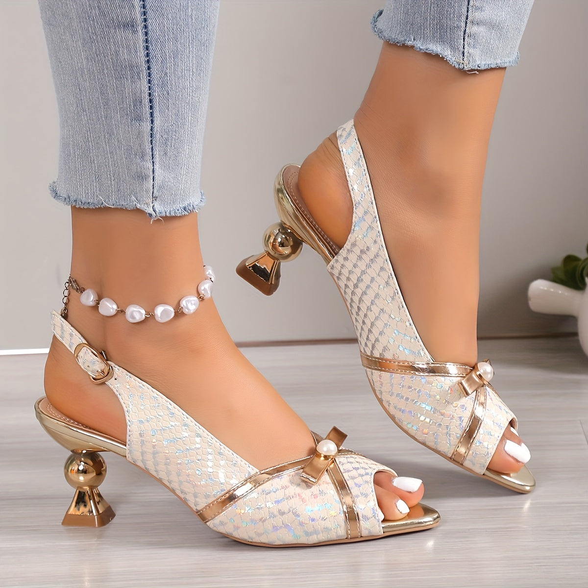 xieyinshe  Women's Fish Scales Print Sandals, Ankle Strap Slip On Special Chunky Heel Shoes, Faux Pearl Bowknot Decor Elegant Shoes