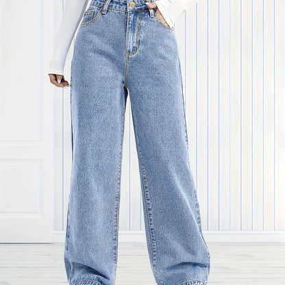 xieyinshe  Plain Washed Blue Wide Leg Jeans, Casual Slash Pocket Loose Fit Denim Pants, Women's Denim Jeans & Clothing