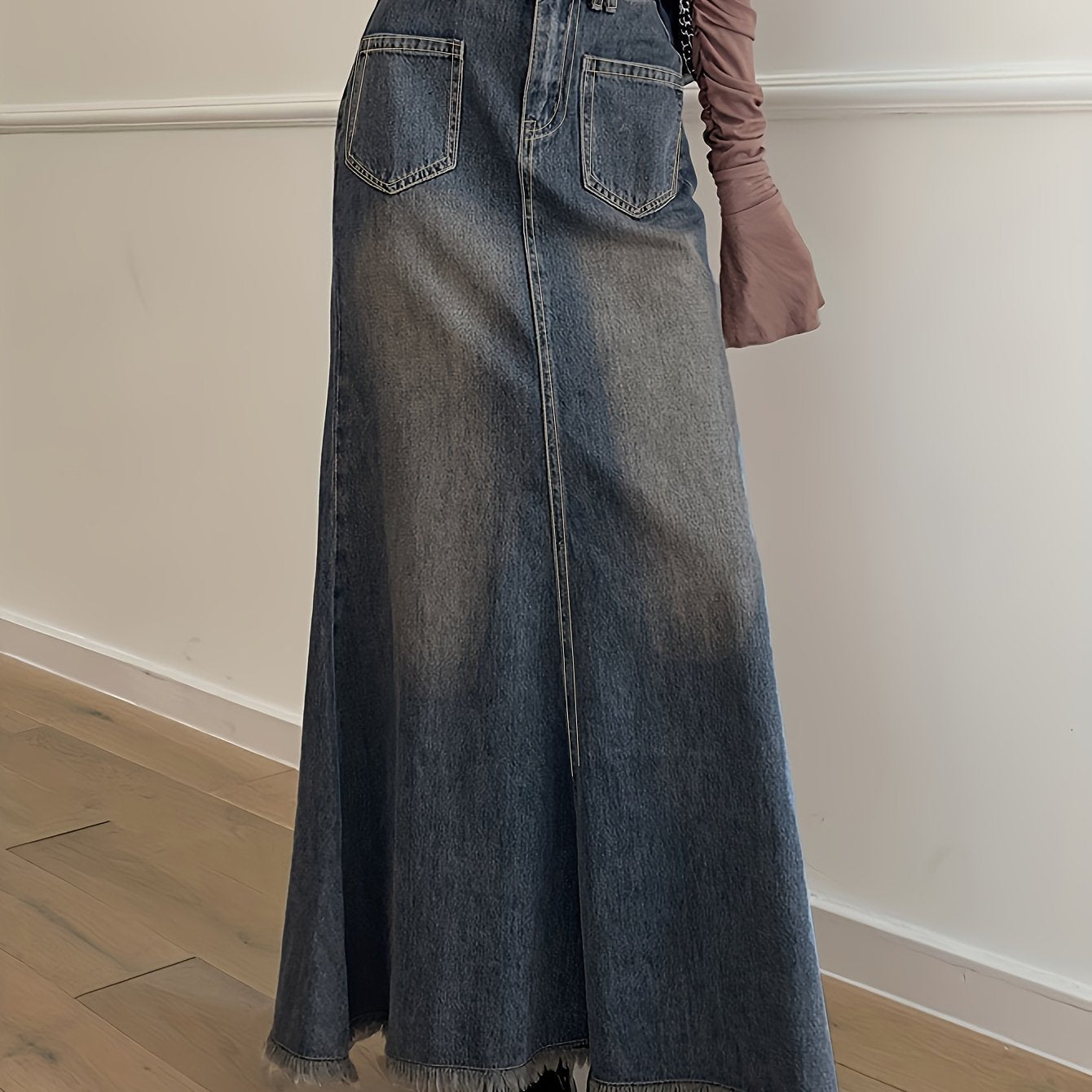 xieyinshe  Raw Hem Patch Pocket Trumpet Denim Skirt, Vintage Washed High Rise Elegant Maxi Denim Skirt, Women's Denim Jeans & Clothing