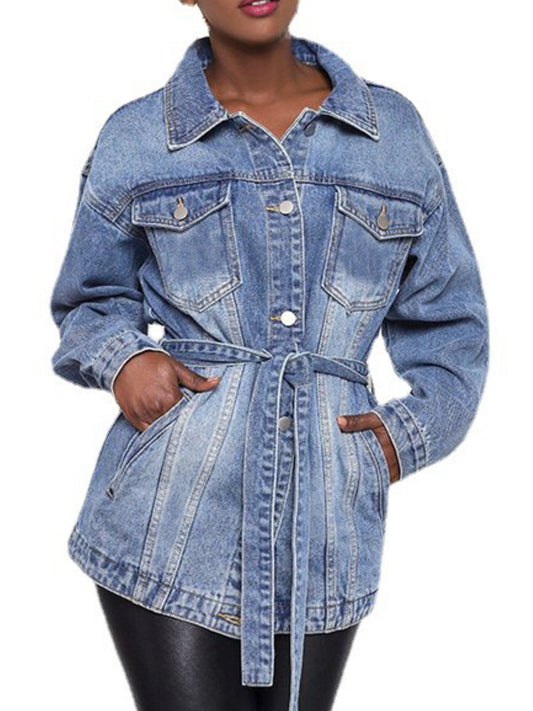 Blue Lapel Buttoned-up Denim Jacket, Flap And Side Seam Pockets Long Sleeve Coat, Women's Denim & Clothing