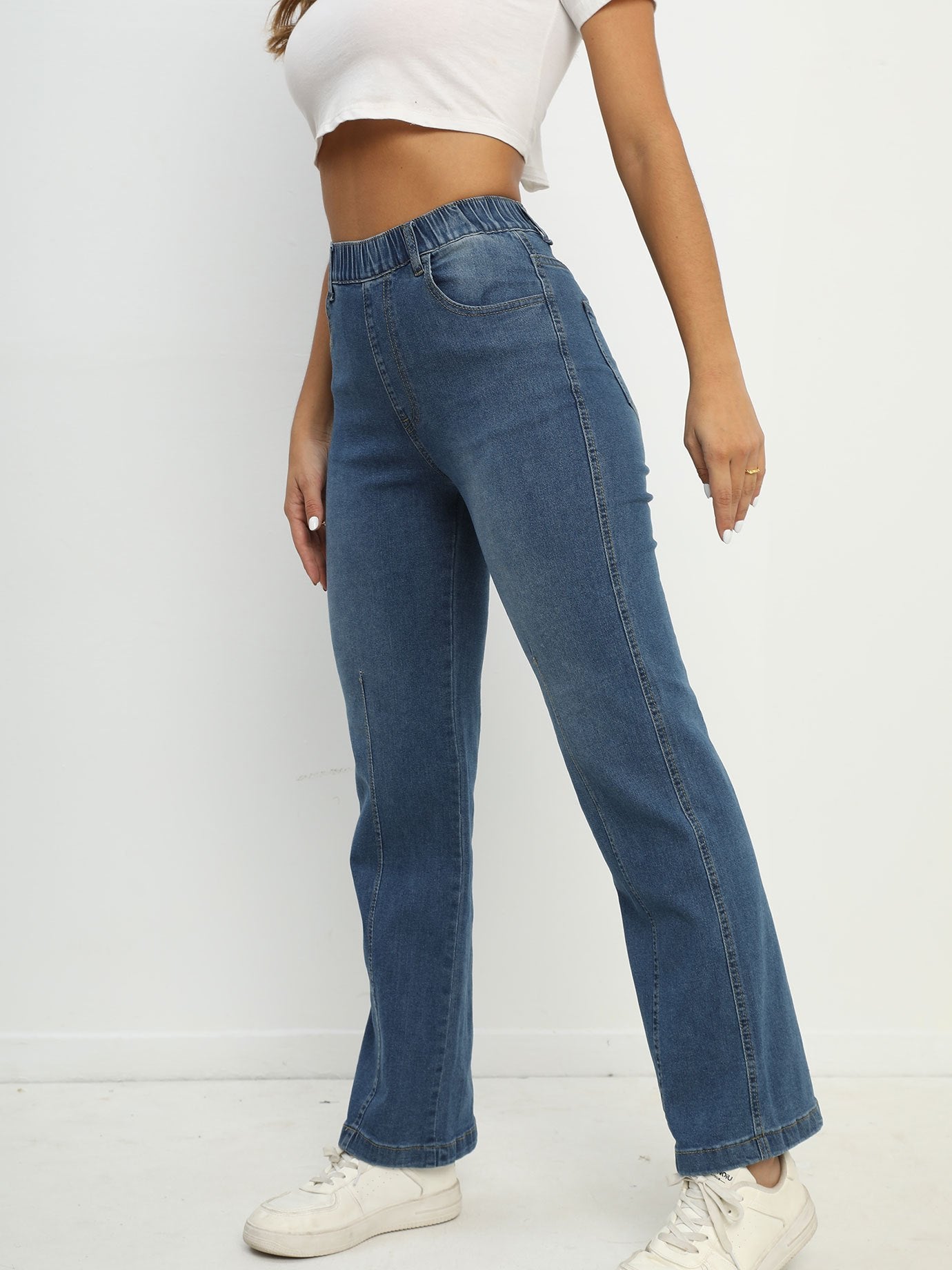 Elastic Waist Stretchy Straight Jeans, Loose Fit Slant Pockets Washed Denim Pants, Women's Denim Jeans & Clothing