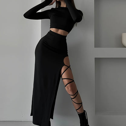 xieyinshe  Y2K Solid Slim Two-piece Skirt Set, Long Sleeve Crew Neck Crop Top & Split Thigh Cut Out Skirt Outfits, Women's Clothing