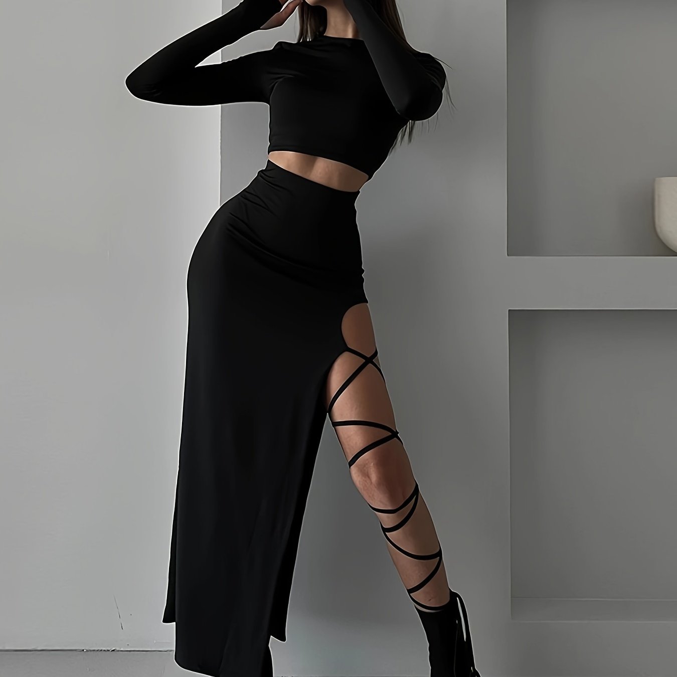 xieyinshe Y2K Solid Slim Two-piece Skirt Set, Long Sleeve Crew Neck Crop Top & Split Thigh Cut Out Skirt Outfits, Women's Clothing