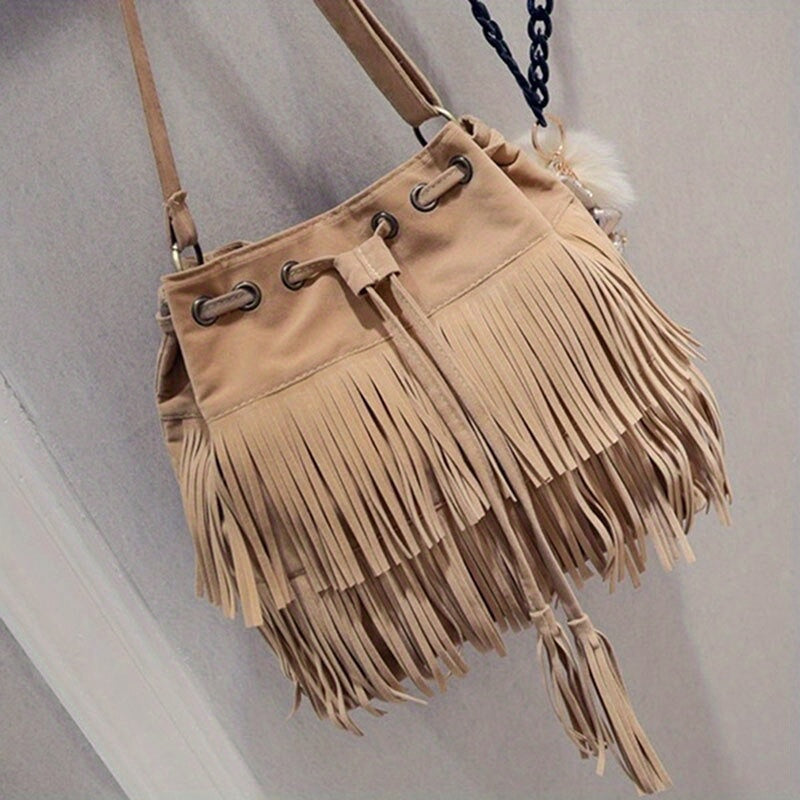 Vintage-Inspired Suede Bucket Bag - Drawstring Closure, Tassel Accent, Cotton Lined, PU Material, Crossbody Design for Women - Trendy and Bohemian Chic Handbag