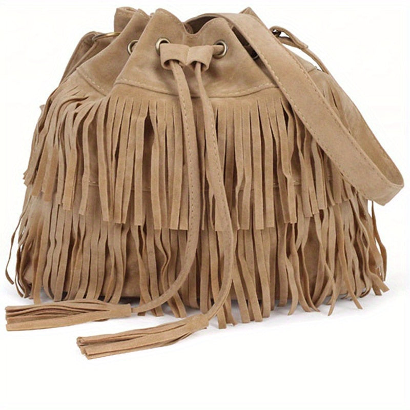 Vintage-Inspired Suede Bucket Bag - Drawstring Closure, Tassel Accent, Cotton Lined, PU Material, Crossbody Design for Women - Trendy and Bohemian Chic Handbag