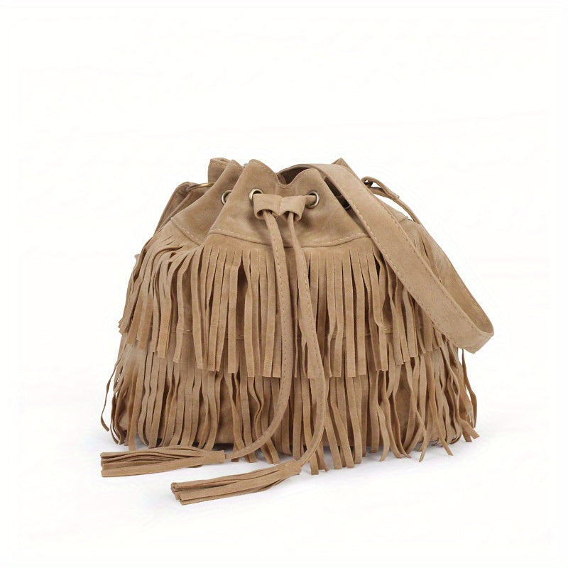 Vintage-Inspired Suede Bucket Bag - Drawstring Closure, Tassel Accent, Cotton Lined, PU Material, Crossbody Design for Women - Trendy and Bohemian Chic Handbag