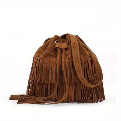 Vintage-Inspired Suede Bucket Bag - Drawstring Closure, Tassel Accent, Cotton Lined, PU Material, Crossbody Design for Women - Trendy and Bohemian Chic Handbag