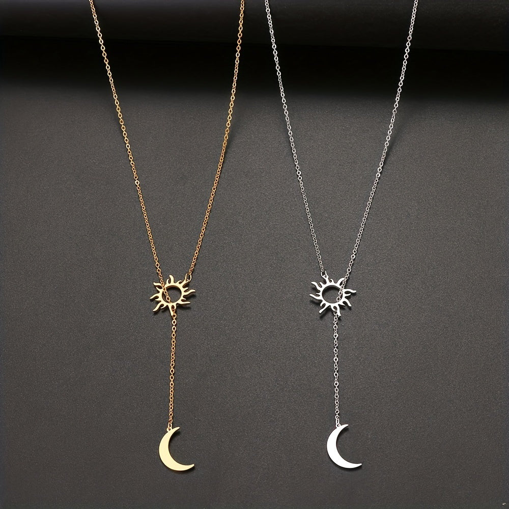 1pc Bohemian Style Sun & Moon Pendant Necklace, Elegant Minimalist 18K Gold Plated Jewelry, Ideal For Party & Holiday Gift, Ramadan Decor Accessories