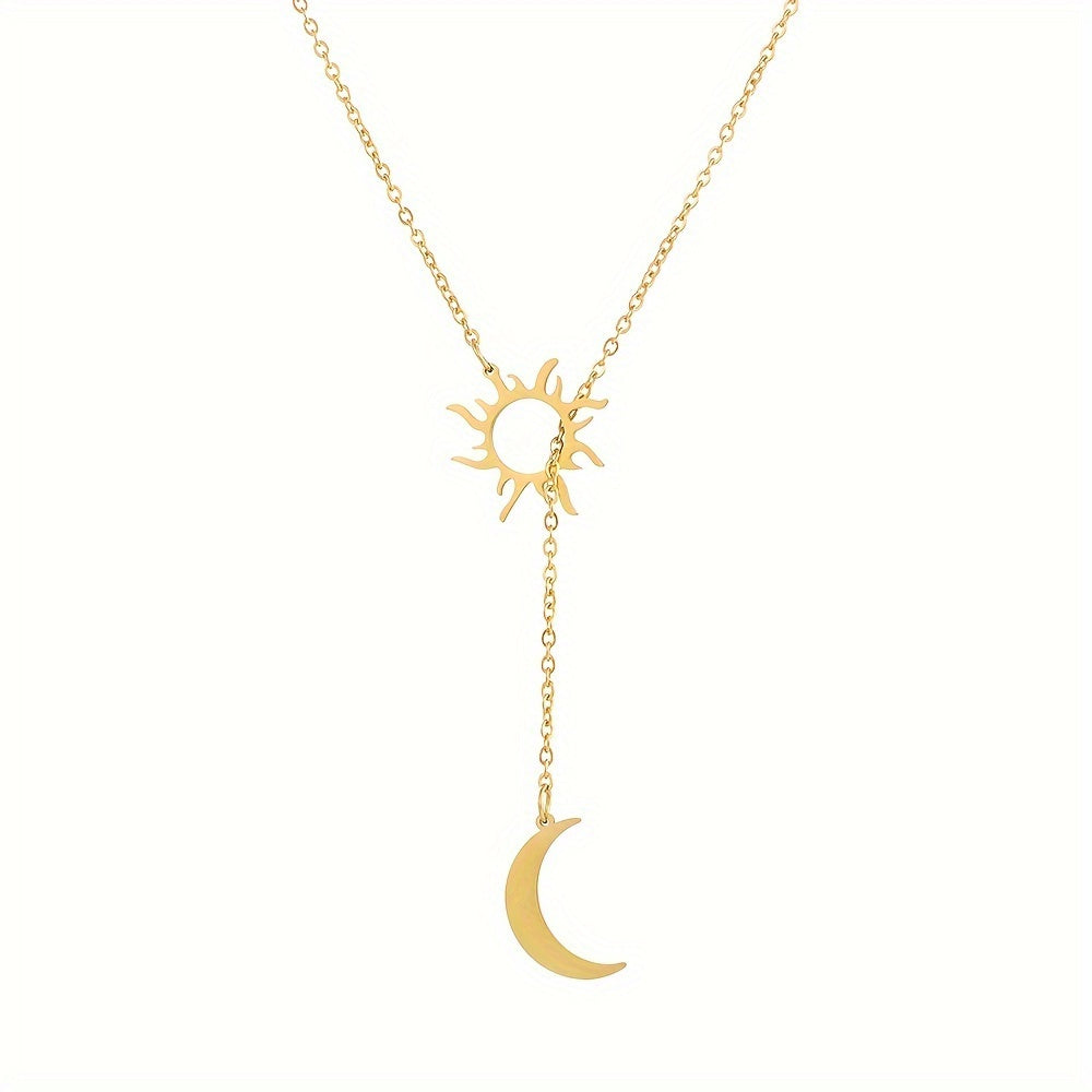 1pc Bohemian Style Sun & Moon Pendant Necklace, Elegant Minimalist 18K Gold Plated Jewelry, Ideal For Party & Holiday Gift, Ramadan Decor Accessories