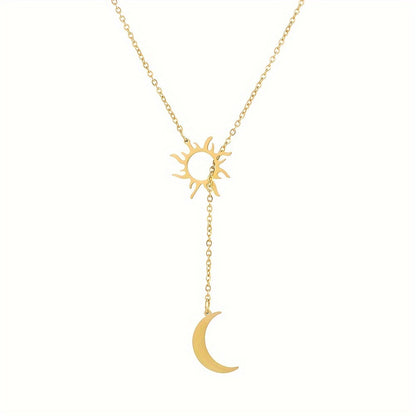 1pc Bohemian Style Sun & Moon Pendant Necklace, Elegant Minimalist 18K Gold Plated Jewelry, Ideal For Party & Holiday Gift, Ramadan Decor Accessories