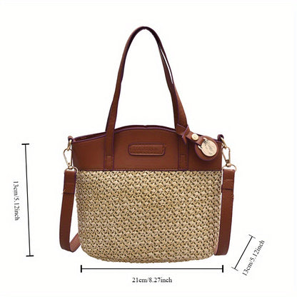 Stylish Woven Tote Bag - Zipper Closure, Versatile Shoulder & Crossbody Design, Durable Paper Material, Perfect for Beach, Daily Use - Casual Messenger Bag