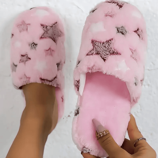 Star Pattern Slippers, Casual Slip On Plush Lined Shoes, Comfortable Indoor Home Slippers