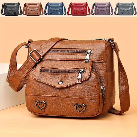 Retro Style Soft Faux Leather Crossbody Shoulder Bag with Multiple Pockets - Zipper Closure, Polyester Lining, Solid Color Pattern - Perfect for Womens Occasional Use