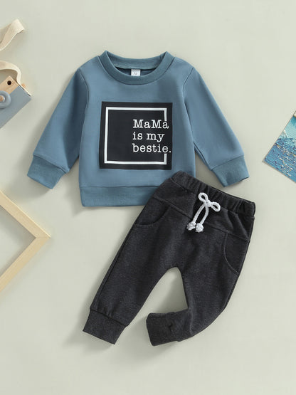 2-Piece Baby Boys' Fashionable Fall Layette Set - Soft Long Sleeve Crew Neck Letter Print Pullover Top and Elastic Waist Pants with Pocket - Comfortable and Adorable Outfit for Little Ones