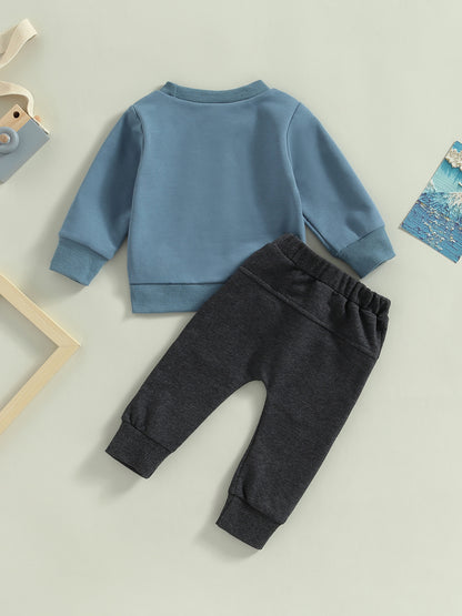 2-Piece Baby Boys' Fashionable Fall Layette Set - Soft Long Sleeve Crew Neck Letter Print Pullover Top and Elastic Waist Pants with Pocket - Comfortable and Adorable Outfit for Little Ones