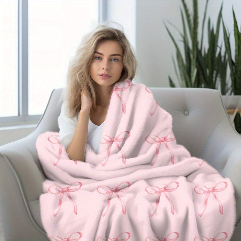 1pc flannel blanket, pink bow print blanket, warm and comfortable sofa bed blanket, the best gift for friends and relatives