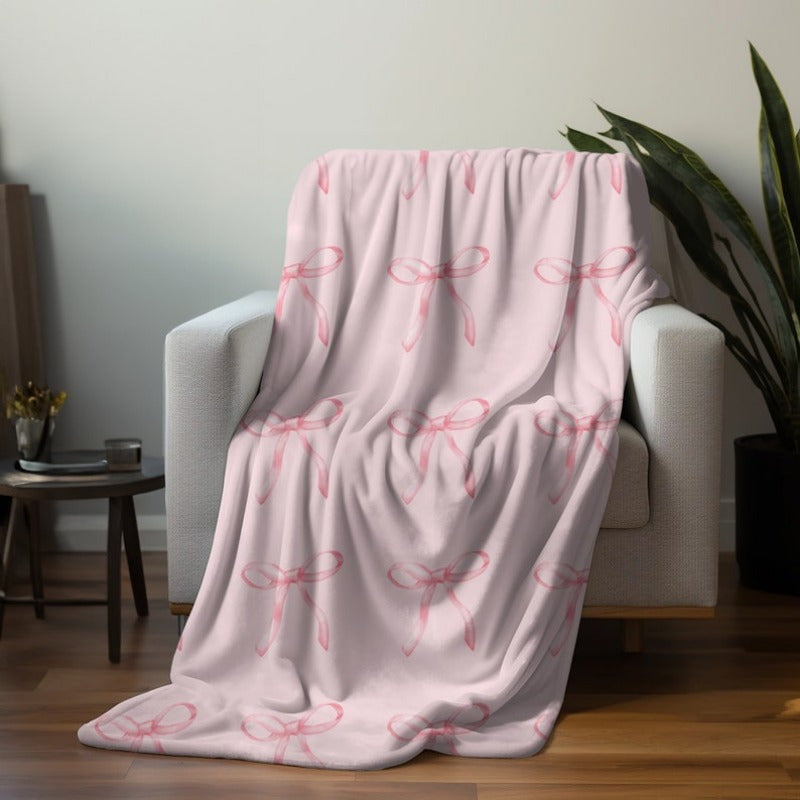 1pc flannel blanket, pink bow print blanket, warm and comfortable sofa bed blanket, the best gift for friends and relatives