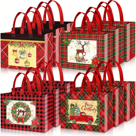 8pcs/12pcs Reusable Non-Woven Christmas Gift Tote Bags with Handles - Large, Waterproof, Lightweight, Multipurpose Plaid Festive Party Favor Bags, Holiday Goodie Bags with Christmas Designs