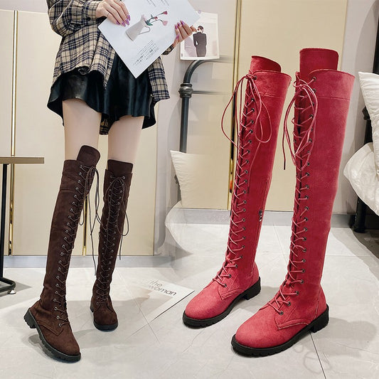 Autumn and Winter New Long Boots Foreign Trade plus Size over the Knee Boots Frosted High Leg Boot Front Lace-up Women's Boots HOTan and NEWn Women's Shoes