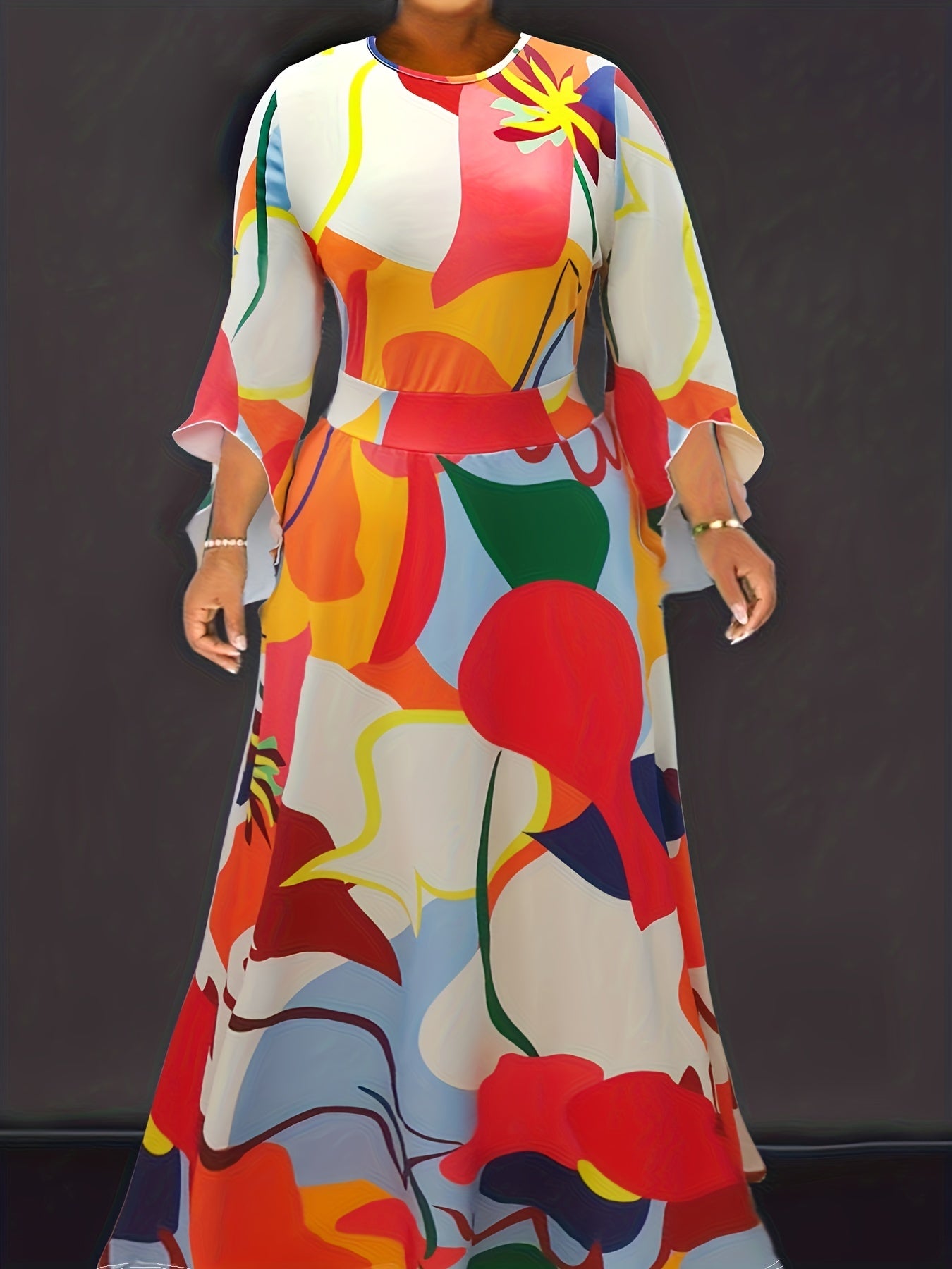 Plus Size Casual Dress, Women's Plus Colorblock Graffiti Print Bell Sleeve Round Neck Slight Stretch Maxi Dress With Pockets