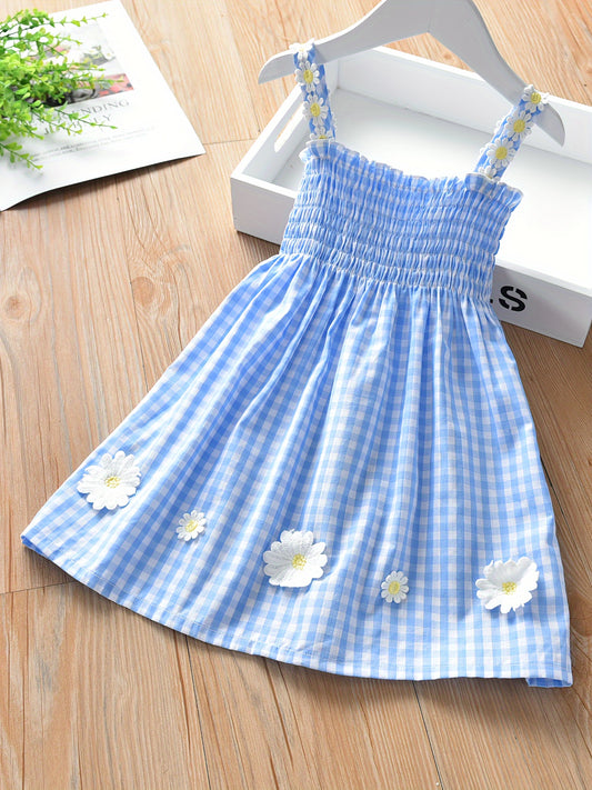 95% Cotton Soft Flower Print Plaid Cami Dress - Lightweight & Breathable Summer Party Wear for Girls - An Ideal Fashion Gift