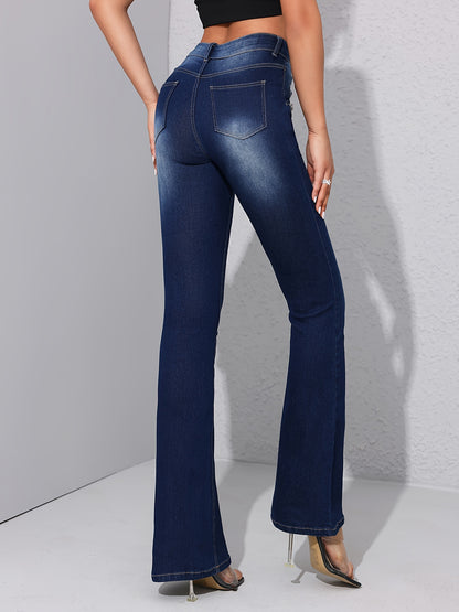 xieyinshe  High Waist Casual Flare Jeans, High Stretch Slant Pockets Versatile Bell Bottom Jeans, Women's Denim Jeans & Clothing