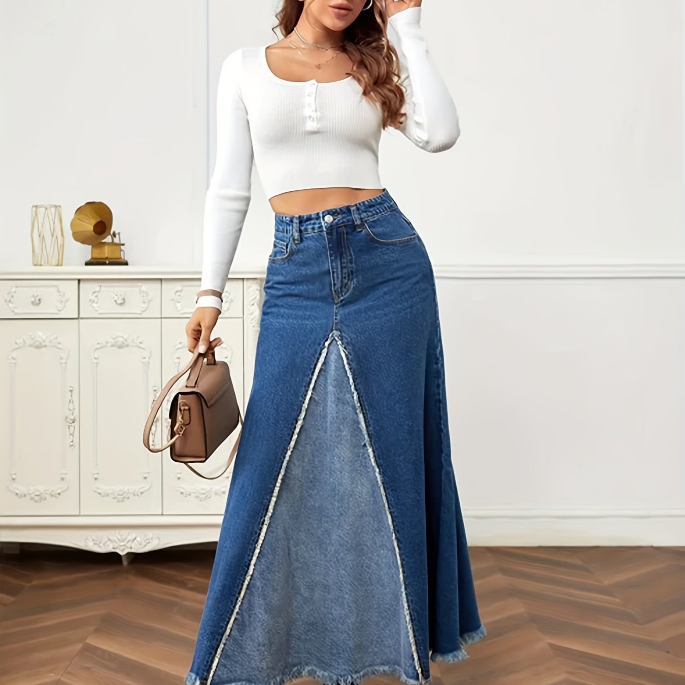 xieyinshe Two Tone Patchwork Denim Midi Skirt, Frayed Hem Slant Pockets Chic Denim Skirt, Women's Denim Clothing