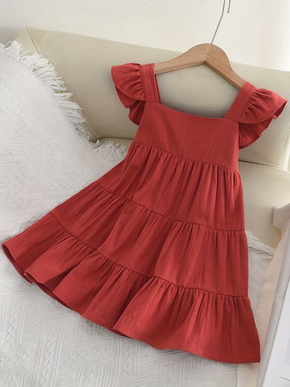 Toddler Girls Ruffled Sleeves Square Collar Ruffle Hem Cotton Princess Dress For Party Beach Vacation Kids Summer Clothes