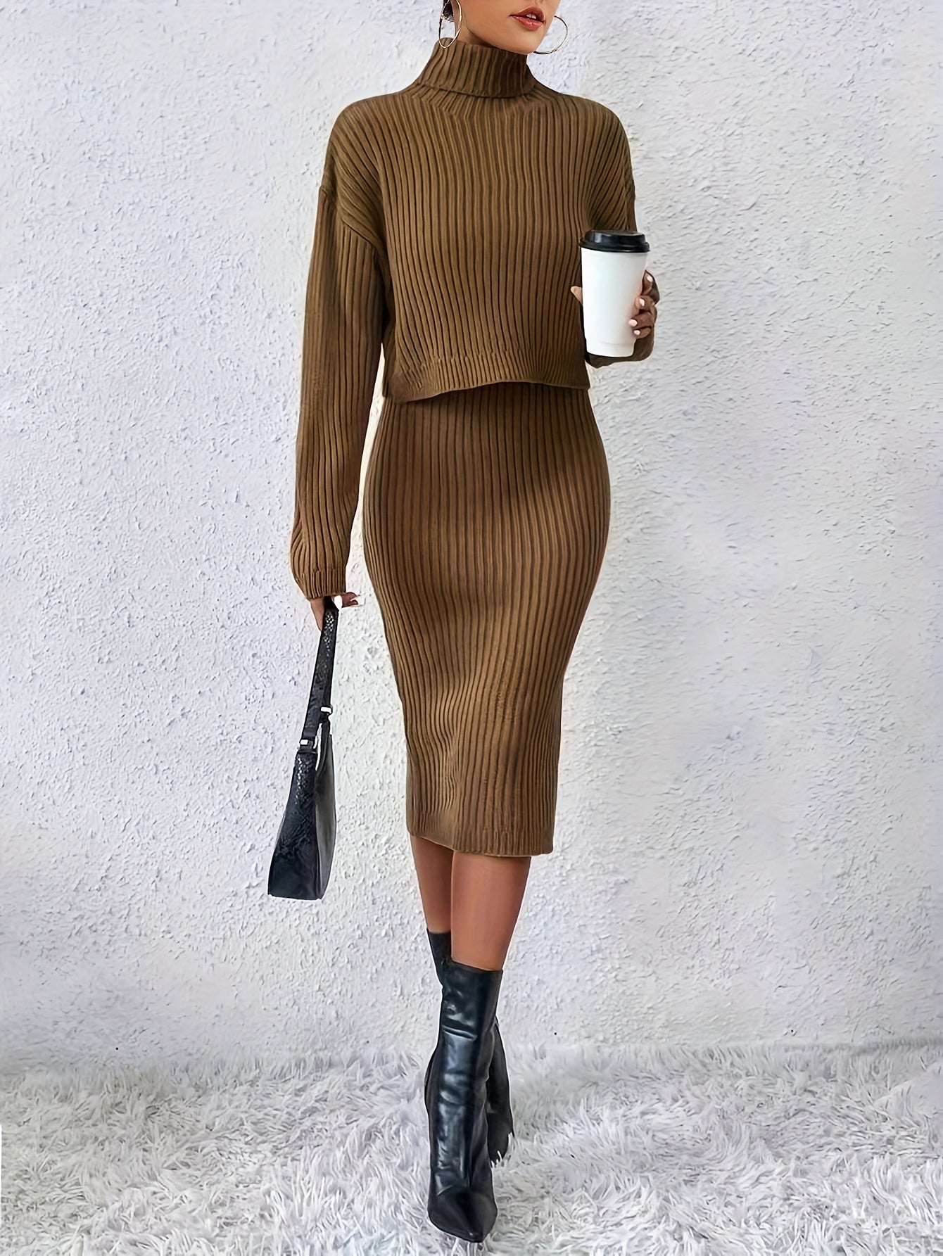 Casual Sweater Two-piece Set, Turtleneck Long Sleeve Tops & Sleeveless Bodycon Dress Outfits, Women's Clothing