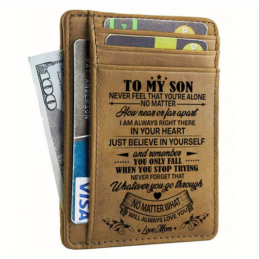 Personalized 1pc Mens Leather Wallet-Sentimental Son Engraving-Slim & RFID Blocking-Birthday Gift from Parents