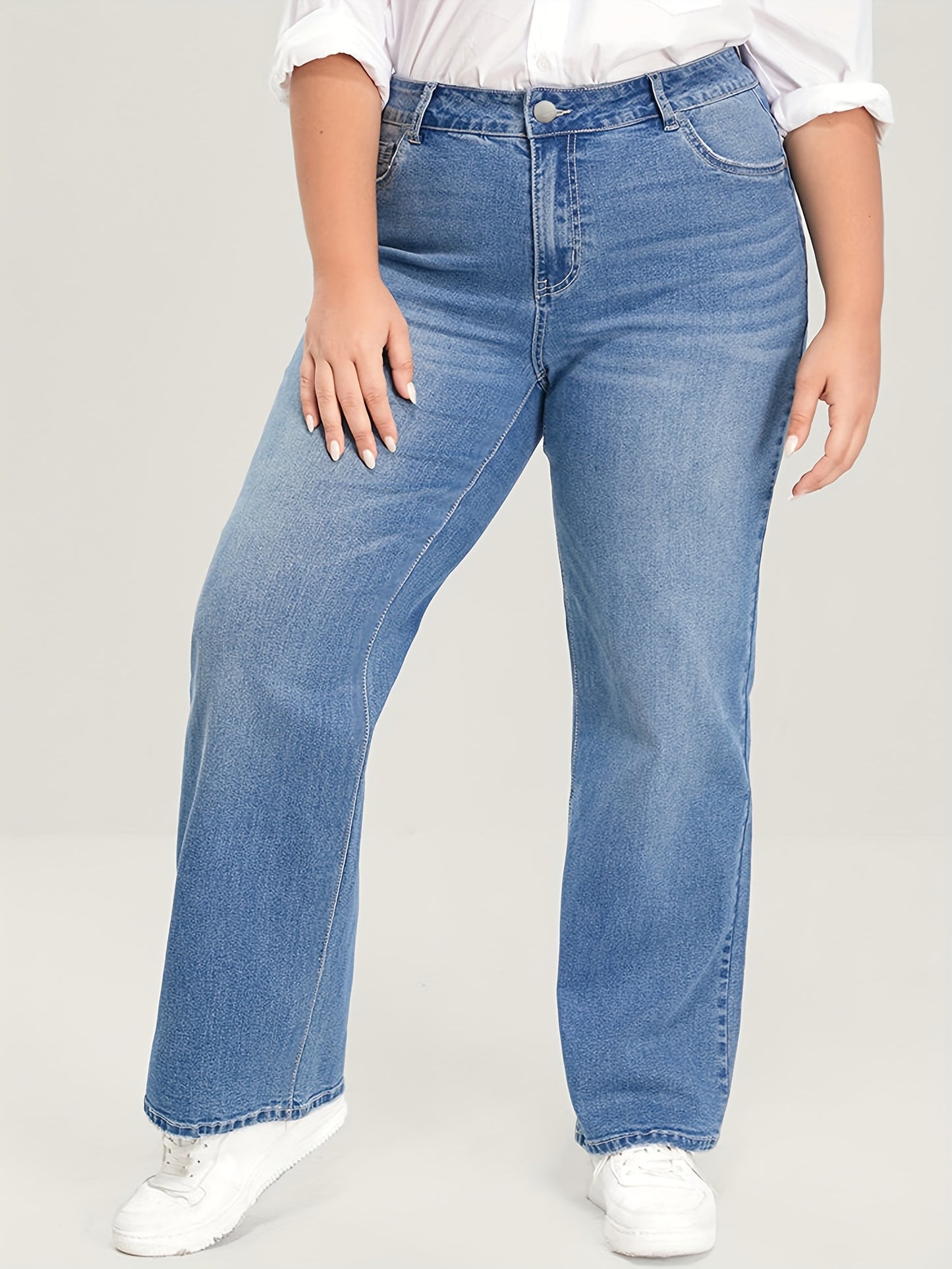 xieyinshe  Plus Size Basic Jeans, Women's Plus Washed Button Fly High Rise Medium Stretch Wide Leg Jeans